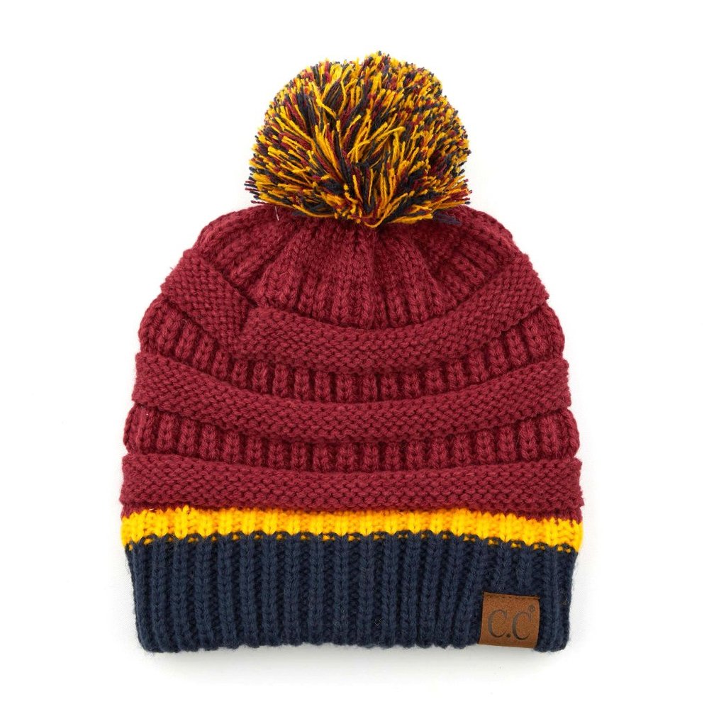 C.C Beanie College Color With Pom-Wine/Navy